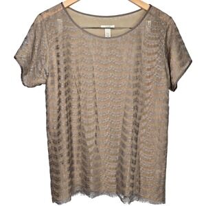 J. Crew Womens Lace Overlay Sheer Blouse Tunic Tan Beige‎ Short Sleeve Size S